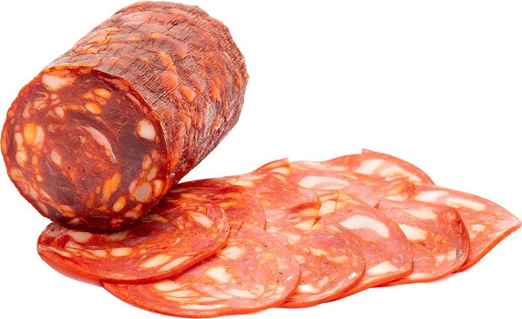 A sliced chorizo sausage on a white background.