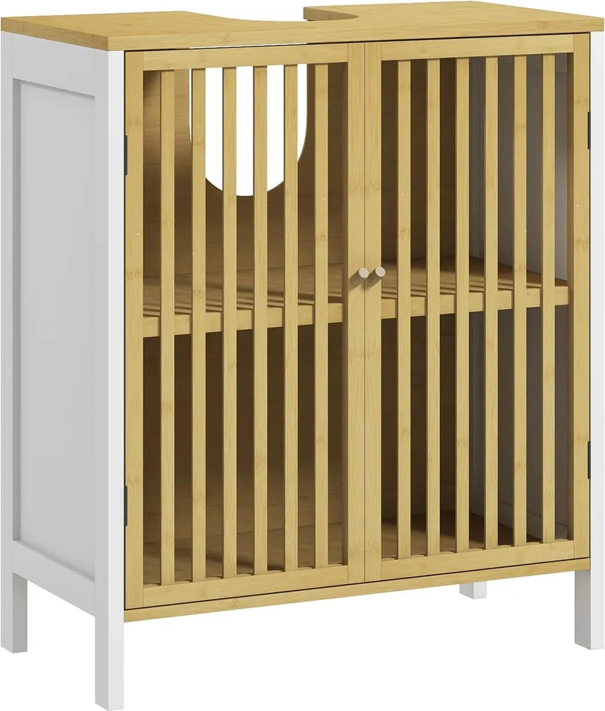 Meuble sous lavabo 60x30x70 cm en bambou et MDF blanc - Montage facile