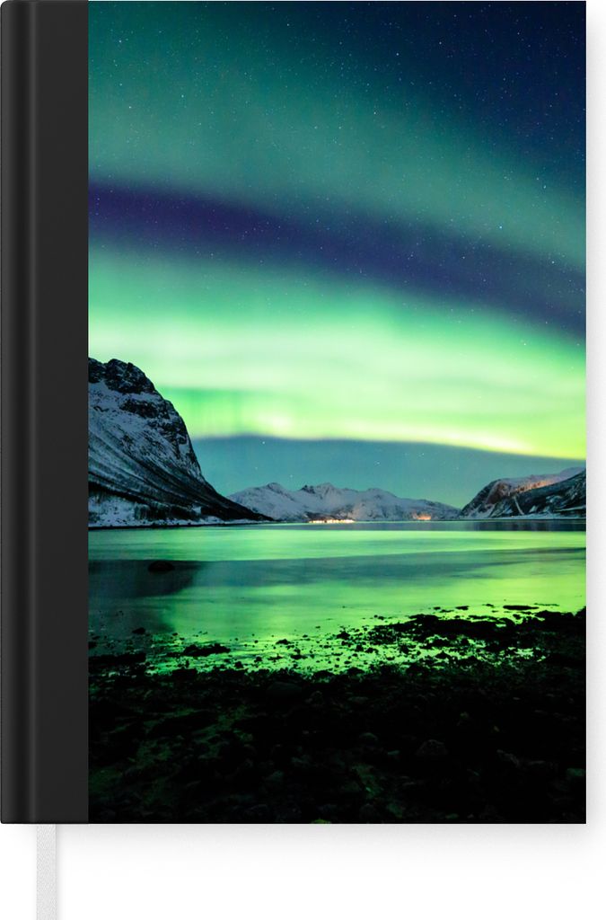 MuchoWow Notizbuch Tagebuch Haushaltsbuch Notebook A5 Nordlicht - Norwegen - Eis - Gelb - Berg - Wasser - Schnee - Notizblock - Notizheft - Noteb...