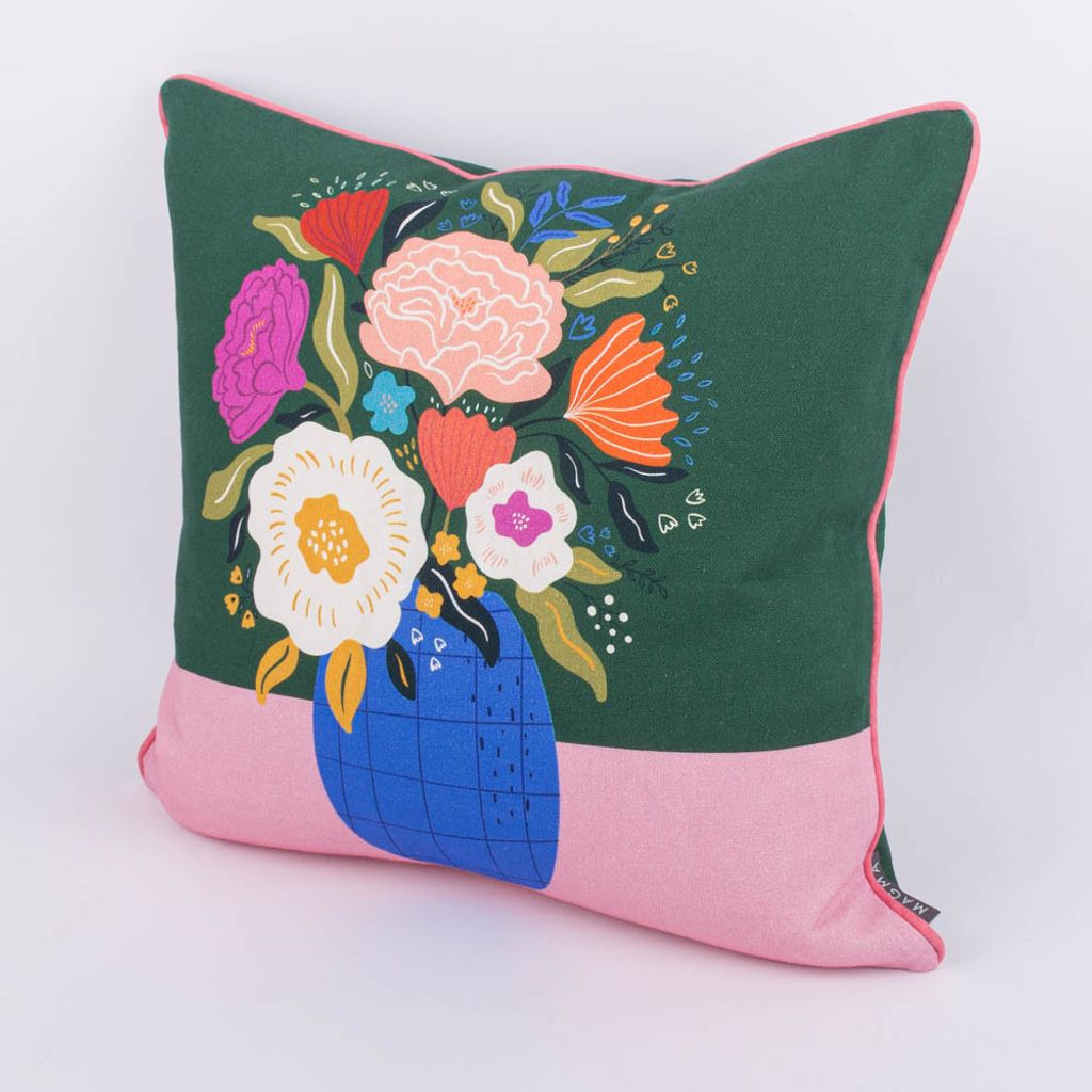 Kissenhülle mit Keder Blumenvase Baumwolle grün rosa bunt 45x45cm