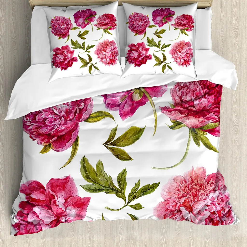 Parure de lit pivoines avec housse de couette 155x220 cm et taie