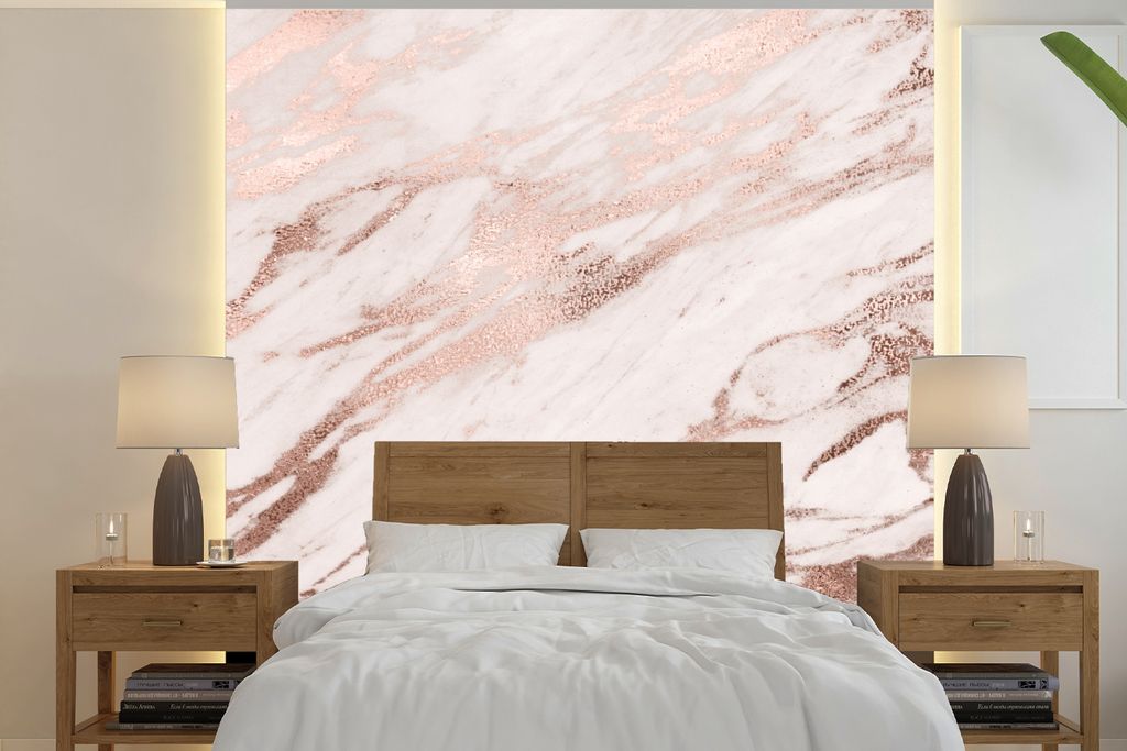 MuchoWow Fototapete für Wohnzimmer oder Schlafzimmer Wandtapete Vinyl Motivtapete Marmor - Rosa - Roségold - 260x260 cm - Papiertapeten