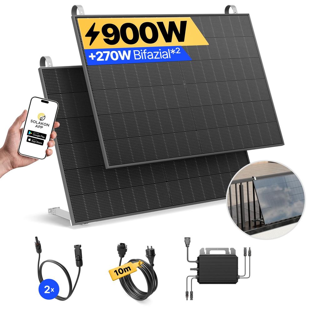 Balkonkraftwerk 900W Solaranlage mit Balkon Halterung Produktbild 