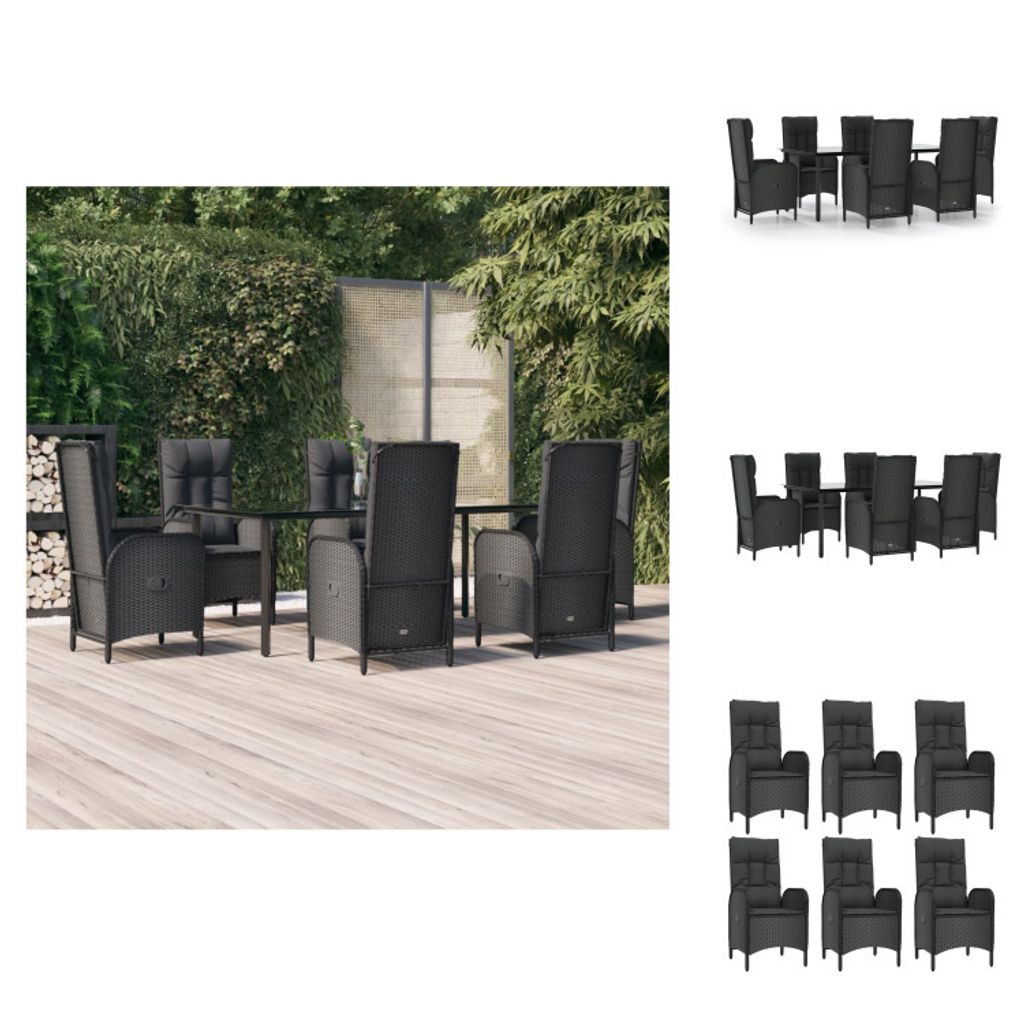 vidaXL 7-tlg. Garten-Essgruppe mit Kissen Schwarz Poly Rattan - Gartenmöbel-Sets