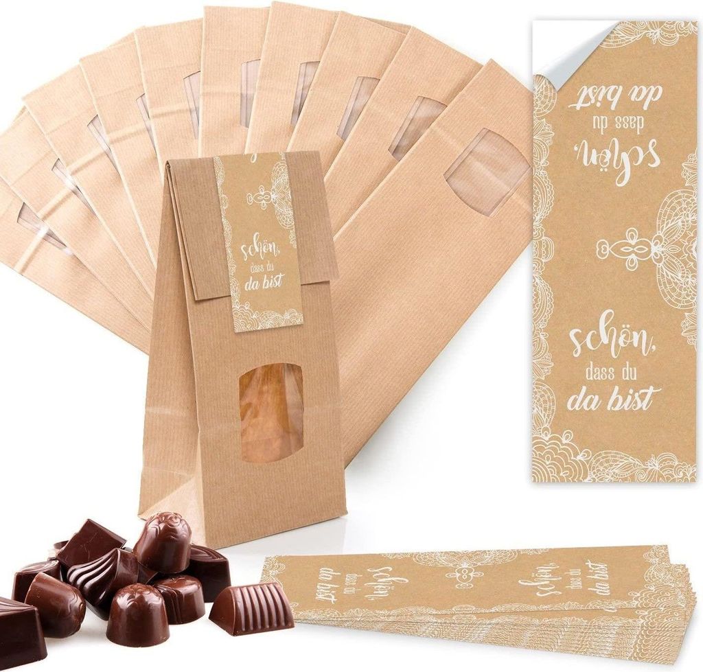 Braune Geschenk-Blockbodenbeutel mit Sichtfenster + Aufkleber – 10,5 x 29 cm – Verschiedene Motive"Schön, dass du da bist" beige, weiß / 10 S...