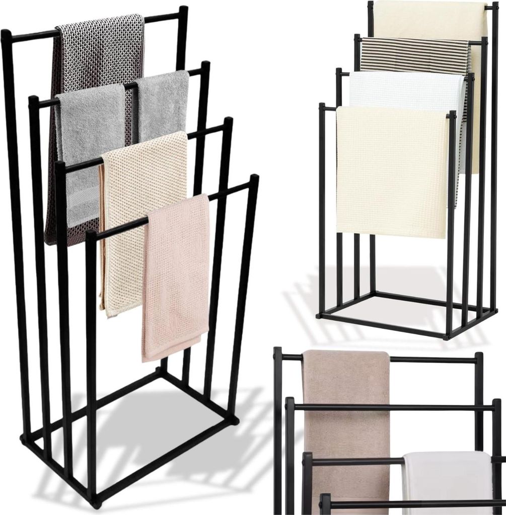 Multiple black metal towel racks with towels draped on them, shown from different angles.