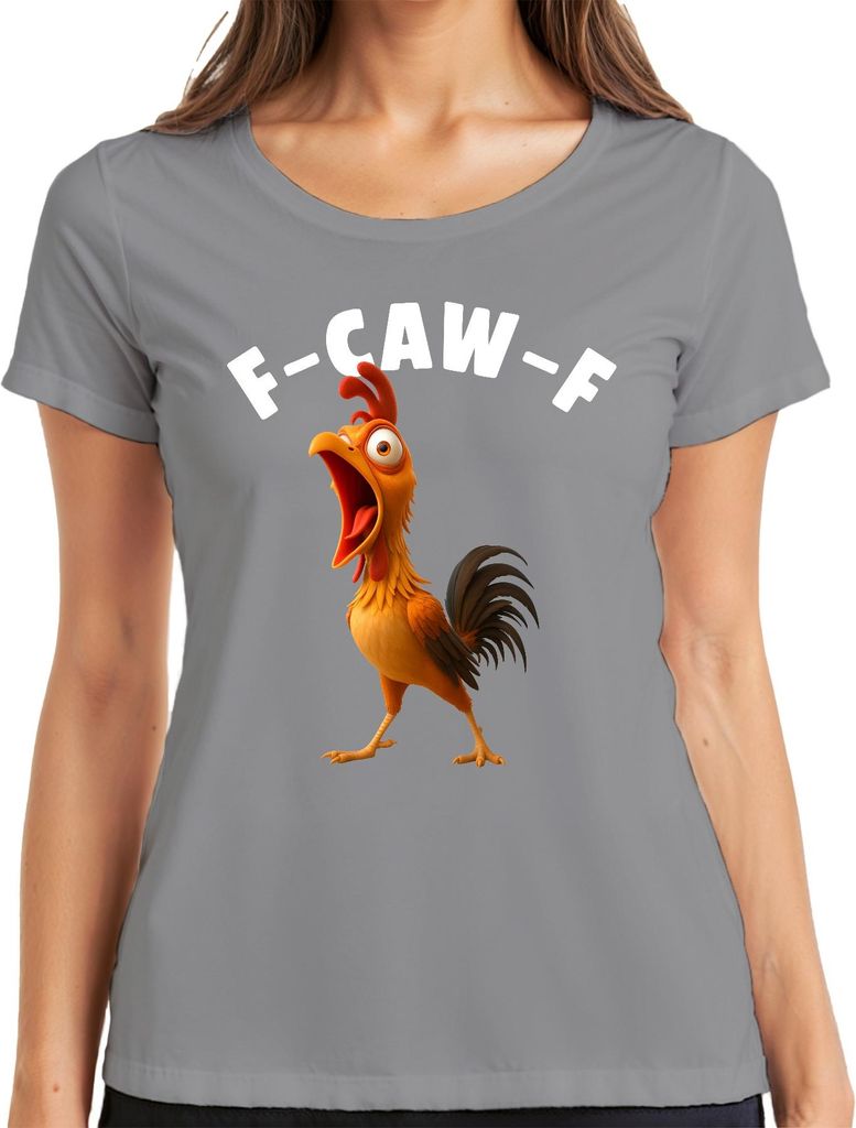 F-CAW-F lustiges Huhn Cartoon Hahn Bauernhof Geschenk Humor witz Damen T-Shirt, Grau, L