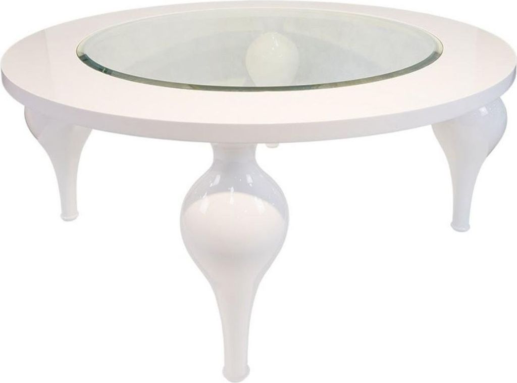 Casa Padrino Neoklassik Couchtisch Hochglanz Weiß Ø 110 x H. 40 cm - Massivholz Küchentisch mit Glasplatte - Wohnzimmer Möbel im Neoklassischem...