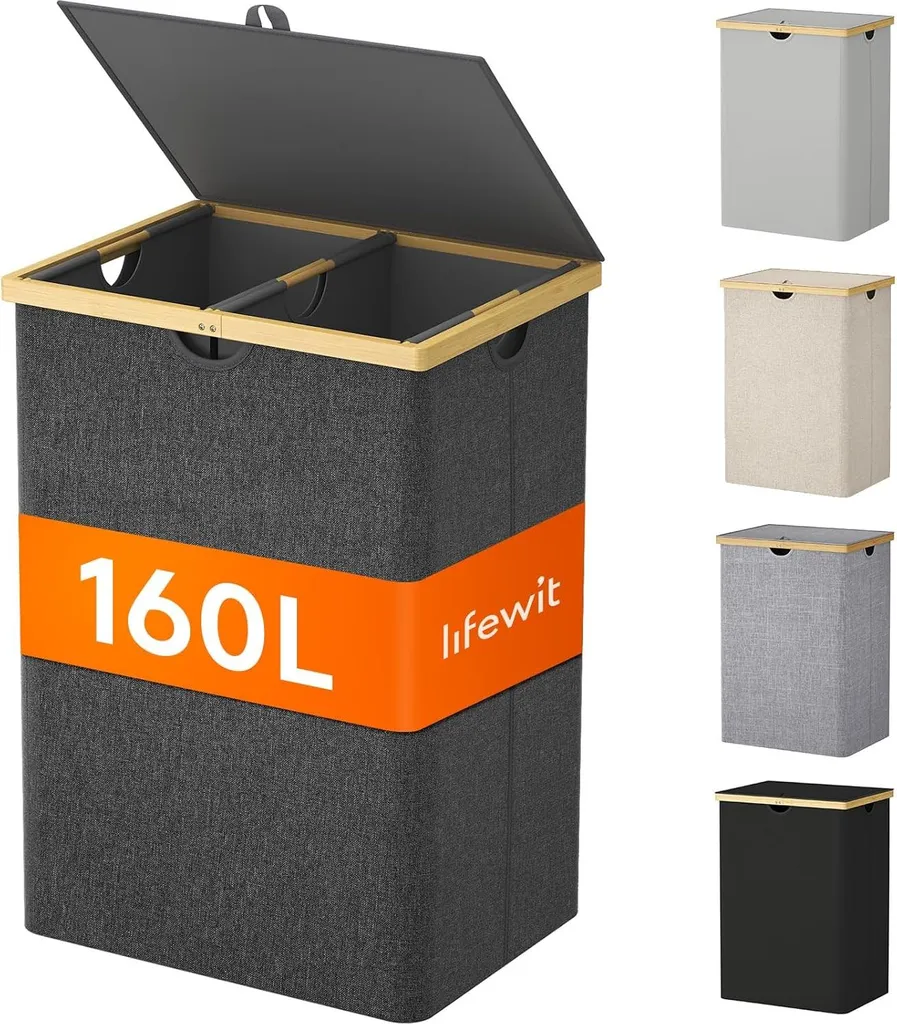Allecto Plus Panier à Linge en Bambou 160L Gris Foncé avec 2 Compartiments