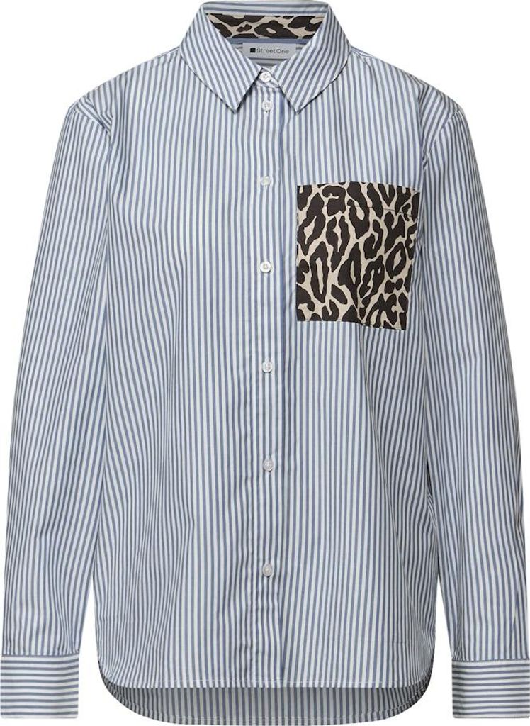A studio shot of a striped shirt with a leopard print pocket.