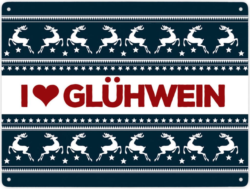 I love Glühwein Metallschild XXL in blau mit Weihnachtsmuster Motiv