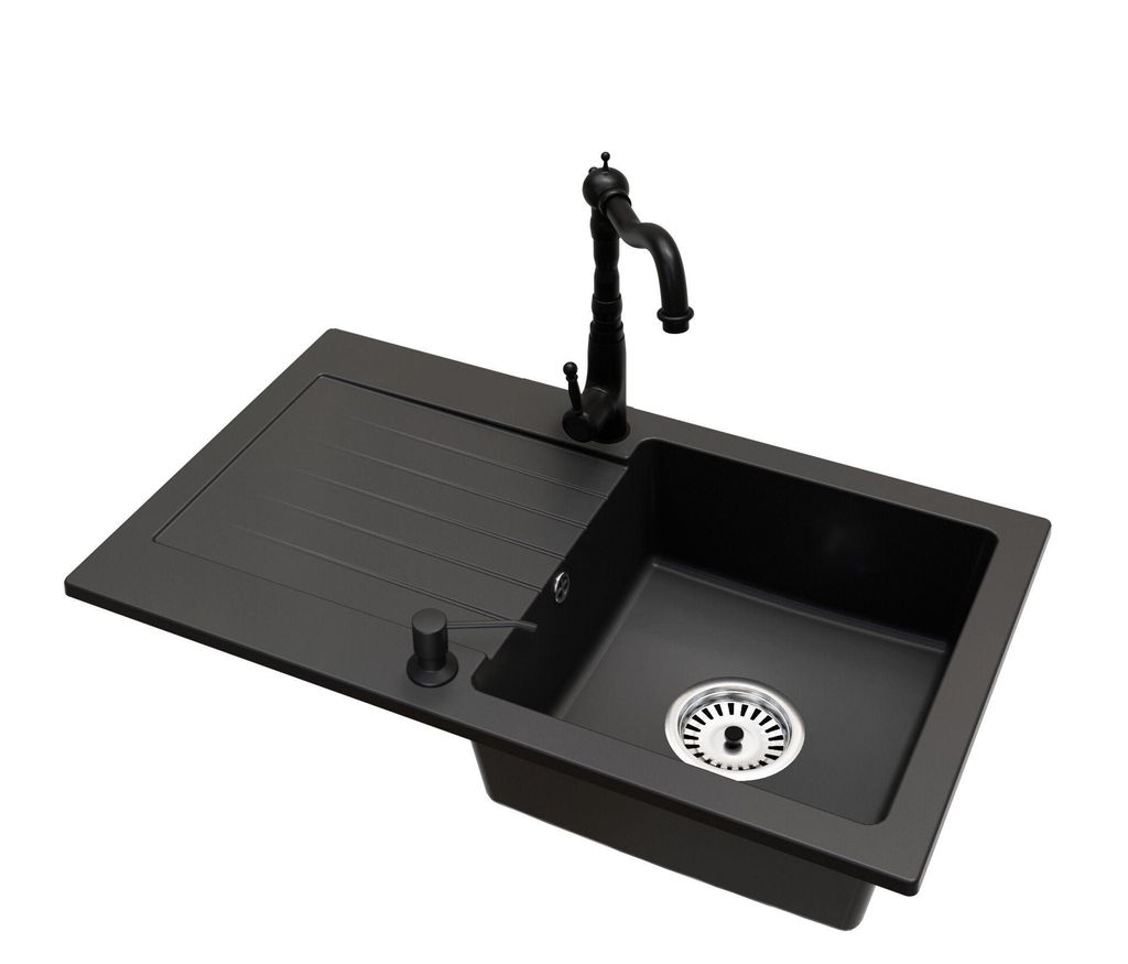 Granit Küchenspüle LEON Einbecken mit Abtropffläche inkl. Armatur Retro, Seifenspender und Raumsparsiphon Chrom