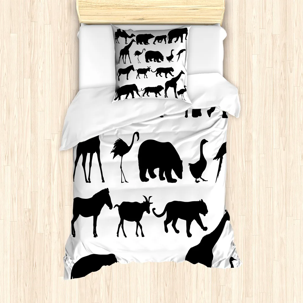 ABAKUHAUS Set copripiumino per letti singoli, motivo Wild Creatures, antiacaro, adatto a chi soffre di allergie, con federa, 135 cm x 200 cm - 80 x 80 cm, grigio antracite bianco