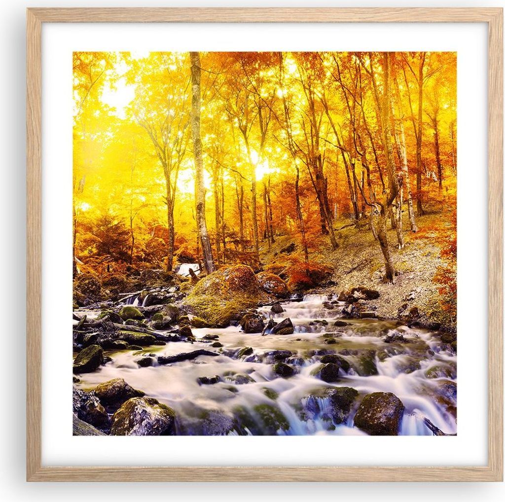 Gerahmtes Poster - Rahmen in heller Eiche - Berge Bach Wasser - 50x50 cm - Wand Bild - Wanddeko - Wandbilder - Wandposter - Bilderrahmen - Bilder -...