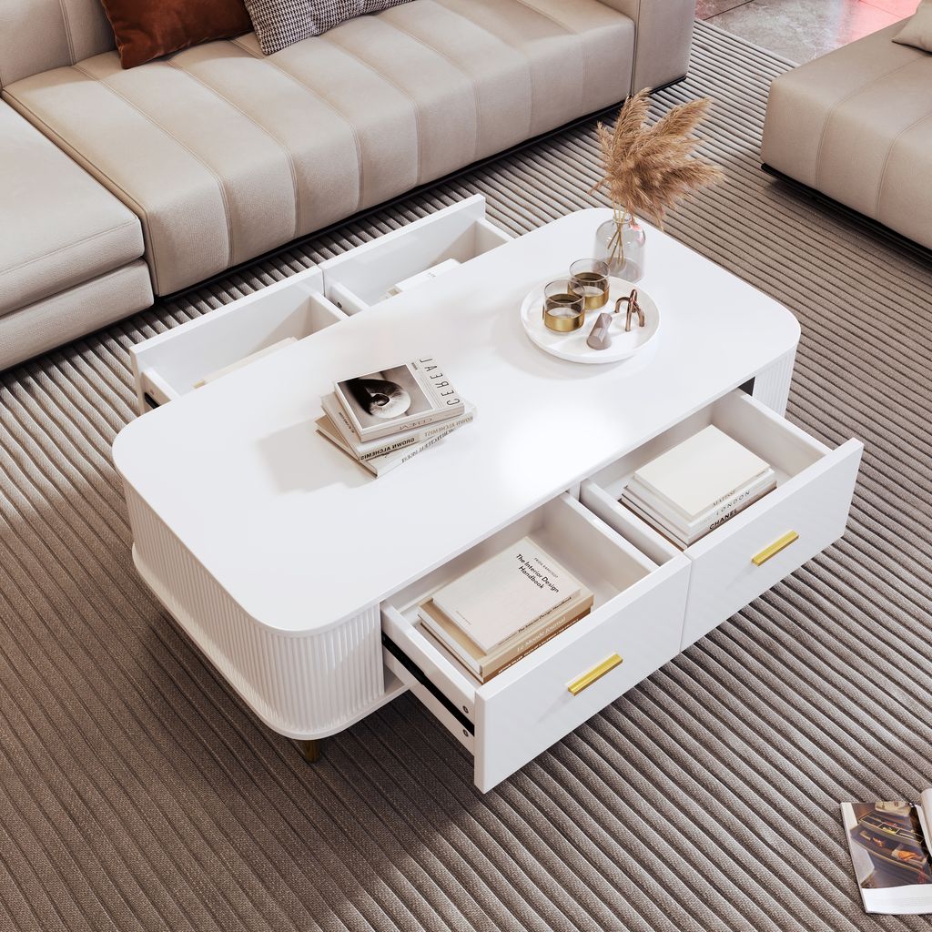 Abrihome Couchtisch mit 4 Schubladen, Wohnzimmertisch mit Goldenen Griffen und Beinen, 105 x 51 x 38 cm