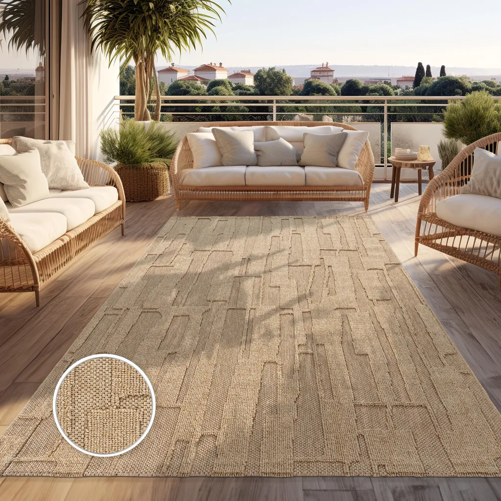 Tapis salon de jardin bohème beige 120x160 cm déco balcon robuste