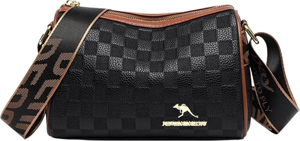 A black and brown checkered shoulder bag with a gold kangaroo logo and a patterned strap.