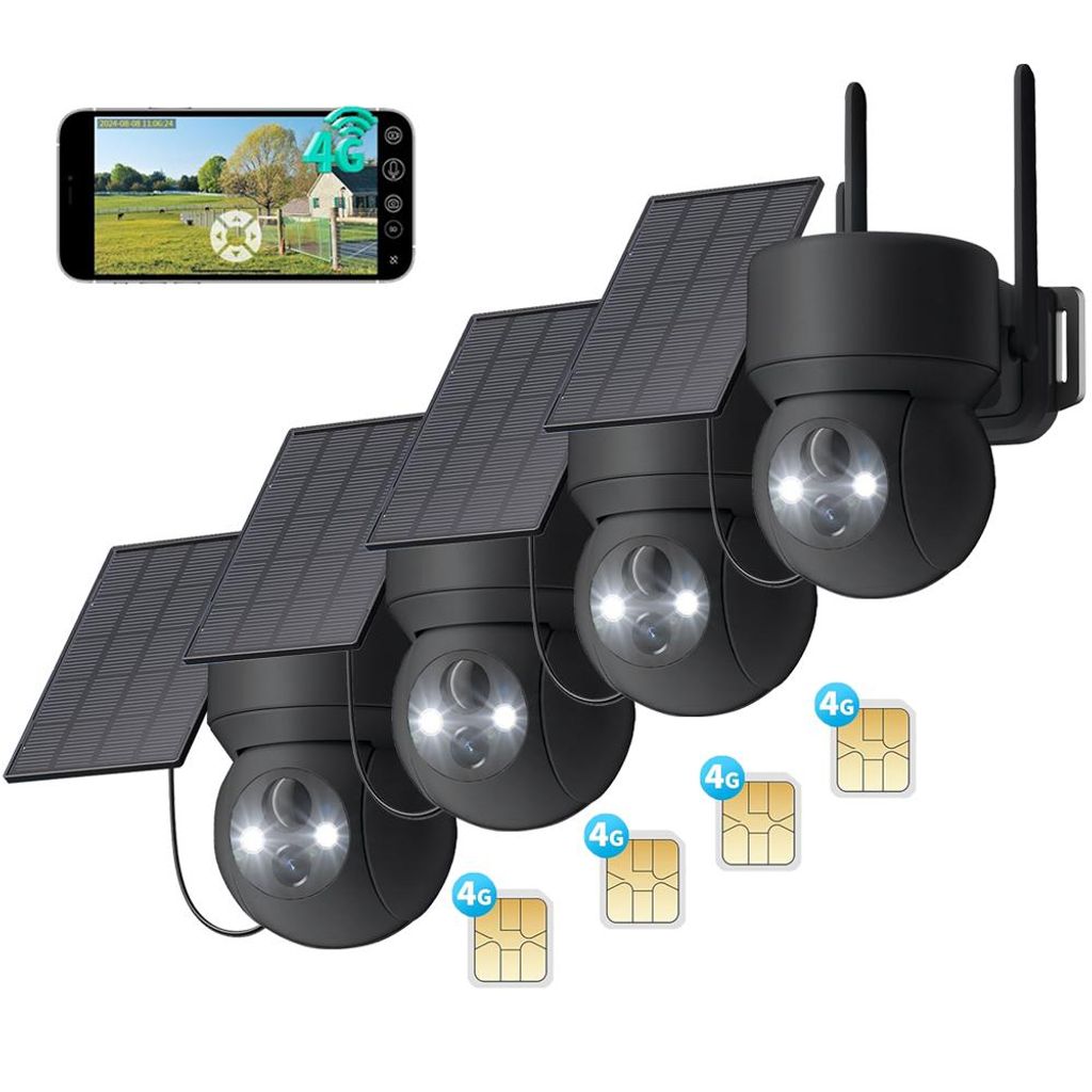 4 Stück 4G LTE Überwachungskamera Aussen Solar mit SIM Karte 2K HD PTZ Kabellos Kamera Ohne WLAN Outdoor Akku Farb Nachtsicht PIR Erkennung