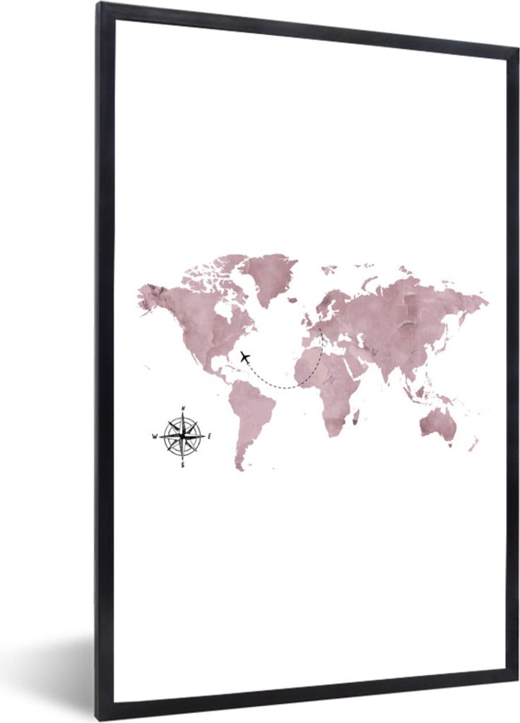 MuchoWow Gerahmtes Poster Weltkarte - Rosa - Flugzeug 20x30 cm - Poster mit Schwarzem Bilderrahmen Wandposter Rahmen Foto Bilder - Drucken - Bild...