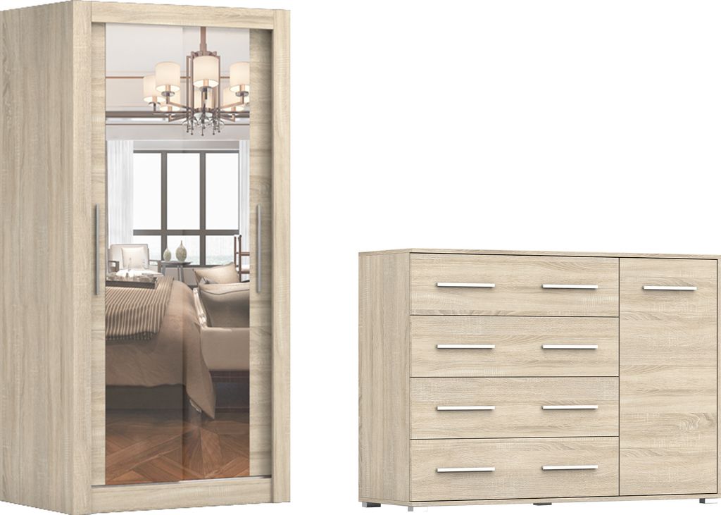 2er-Set Schwebetürenschrank Schrank Kleiderschrank MILAN 100cm mit Spiegel und FRIDA 01 2D4S 01, Breite: 135 cm, Farbe: SONOMA/SONOMA