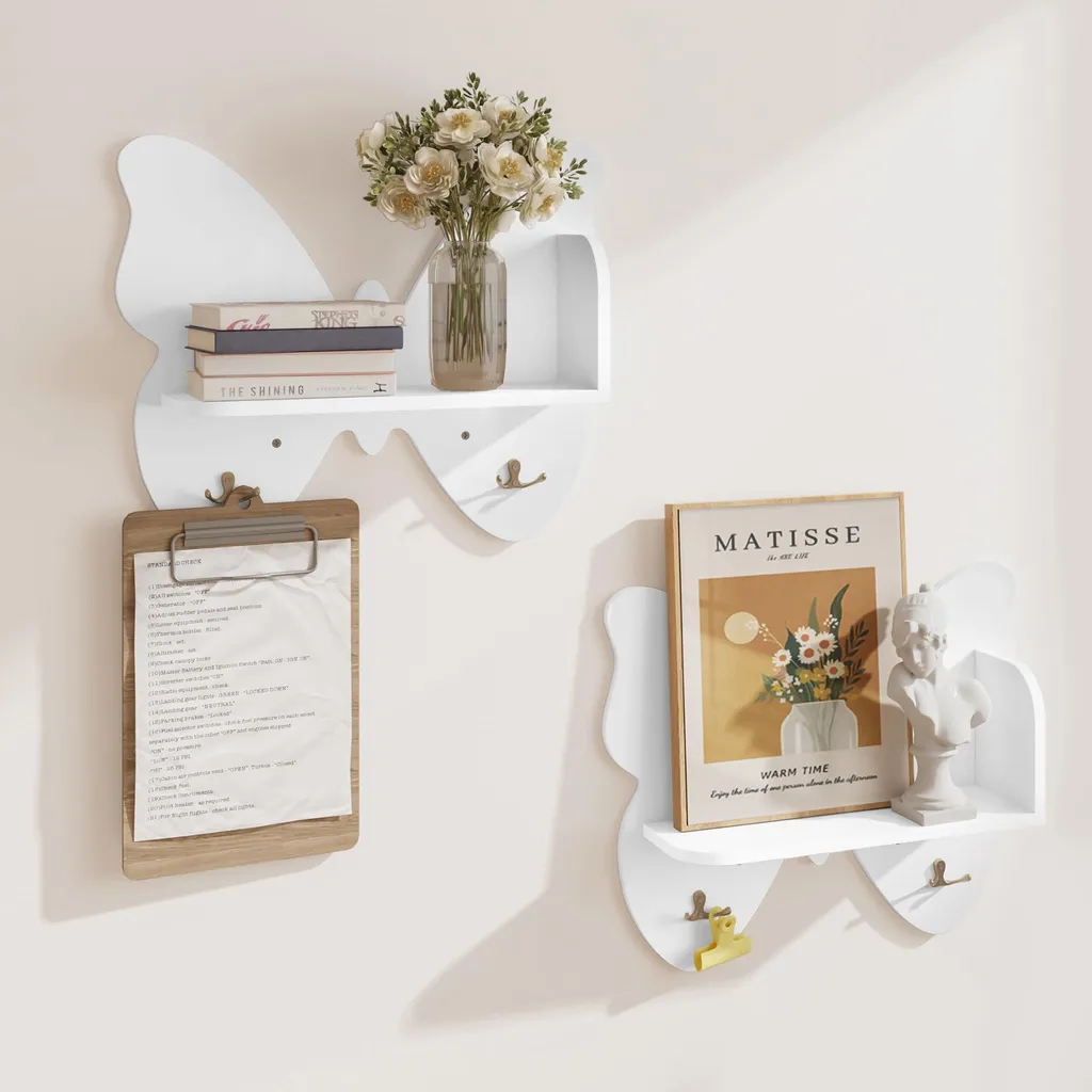 Lot de 2 Étagères Murales Papillon en Bois Blanc Mat, 46 x 38 x 12 cm