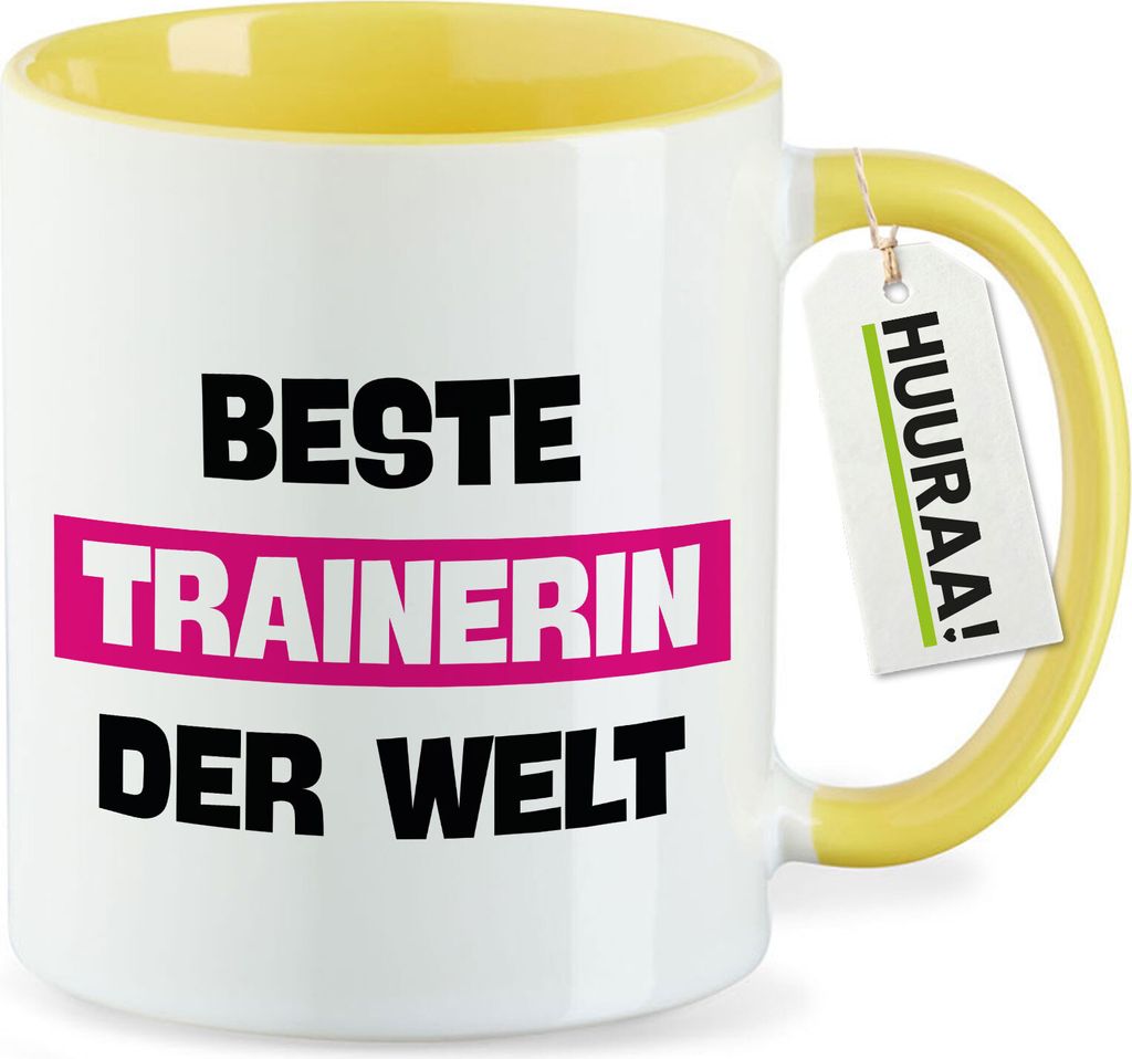 Huuraa Kaffeetasse Beste Trainerin der Welt 330ml Gelb Keramik Kaffeebecher Geschenkidee