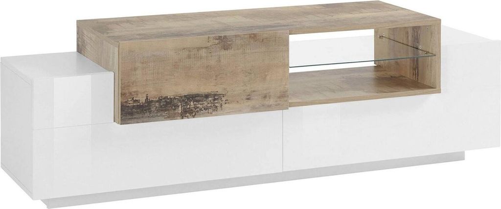 Fernsehschrank Dlodrin, Niedriges Sideboard für Wohnzimmer, Sockel für TV-Möbel, 100 % Italy, cm 160x45h51, Weiß glänzend und Ahorn