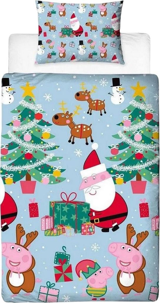 A close-up view of a blue Peppa Pig themed duvet cover and pillowcase set with a Christmas design.