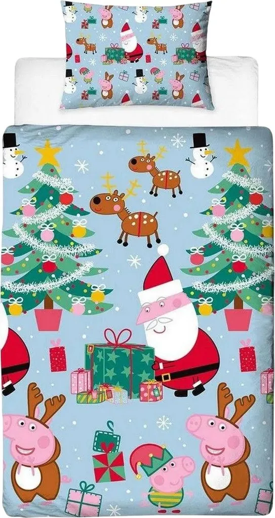 Housse de Couette Peppa Pig Noël Linge de Lit Enfant Réversible 1 Place
