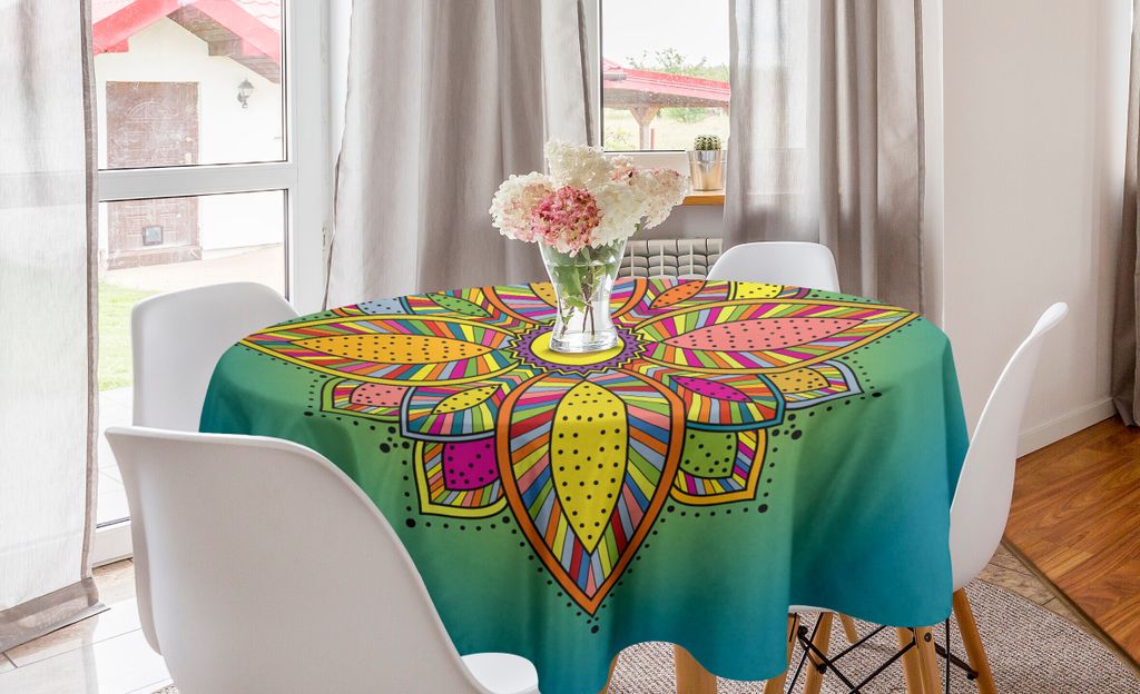 ABAKUHAUS Mandala Runde Tischdecke, Floral Boho Folk, Kreis Tischdecke Abdeckung für Esszimmer Küche Nachbildungation, 150 cm, Mehrfarbig