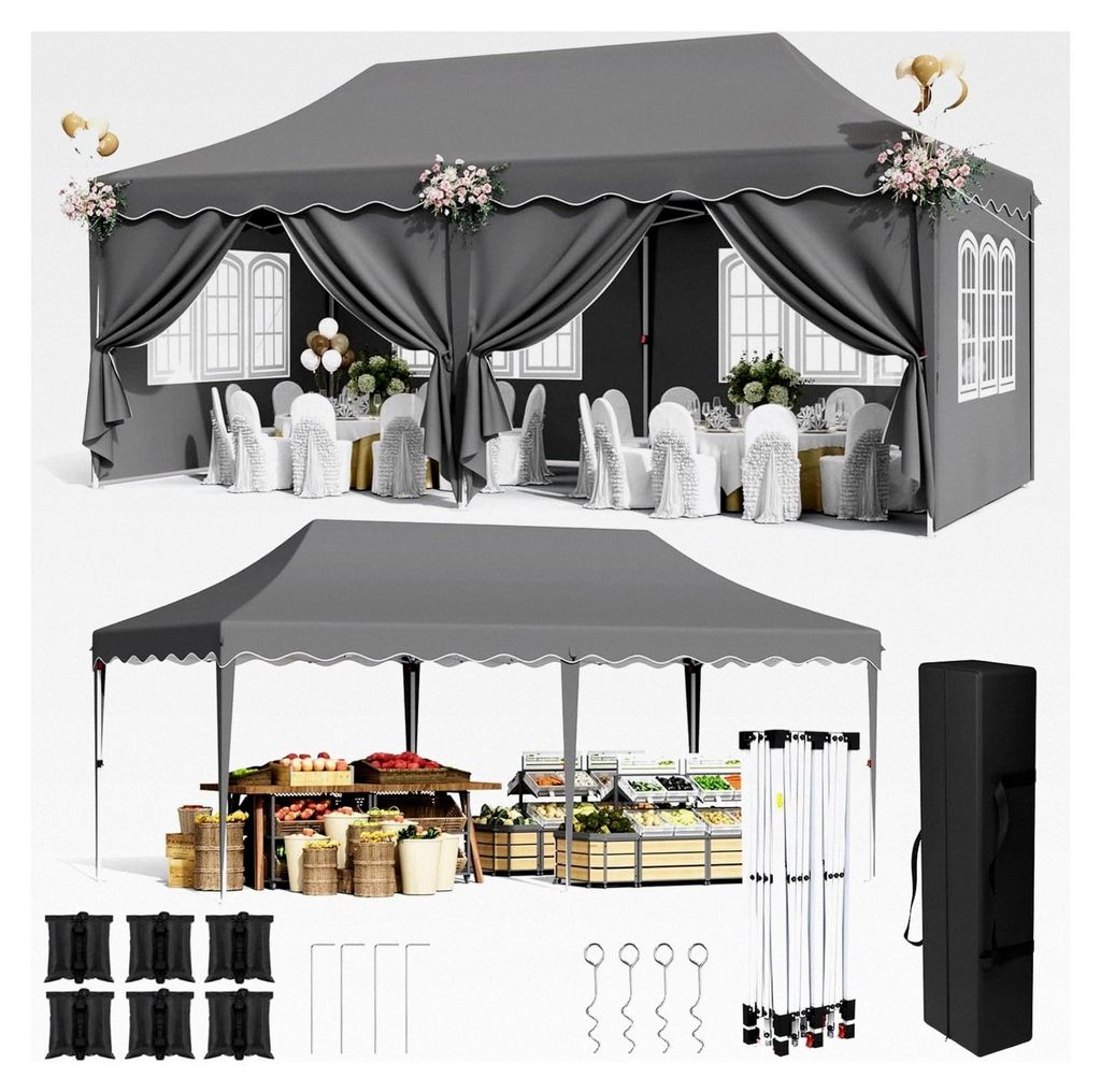 Pavillon 3x6 M, Faltpavillon Wasserdicht Stabil, mit 6 Sandsäcken und 6 Seitenwänden, UV Schutz 50+, Gartenpavillon mit 12 Erdhaken und 6 Seilen,...