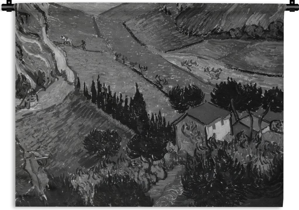 MuchoWow Wandteppich Wandbehang Landschaft mit Haus und Pflüger - Vincent van Gogh - Schwarz und weiß 150x112.50 cm Tapisserie Dekoration Wandt...