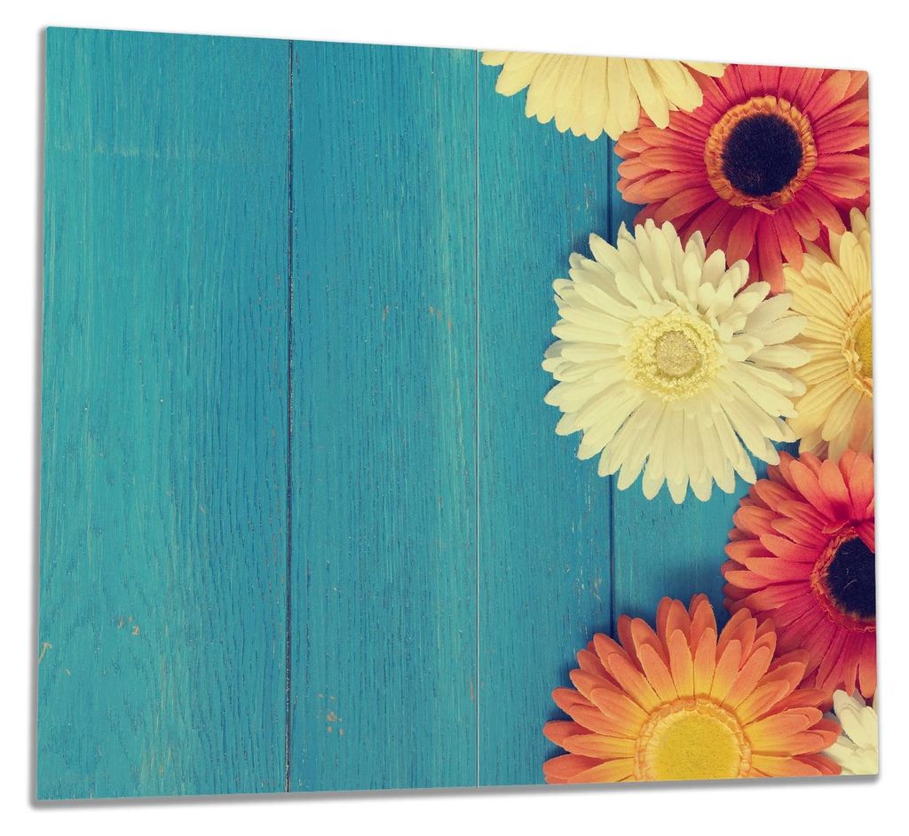 Wallario Herdabdeckplatte aus Glas, Größe 60 x 52 cm 2-teilig, Motiv Bunte Gerbera auf Holz