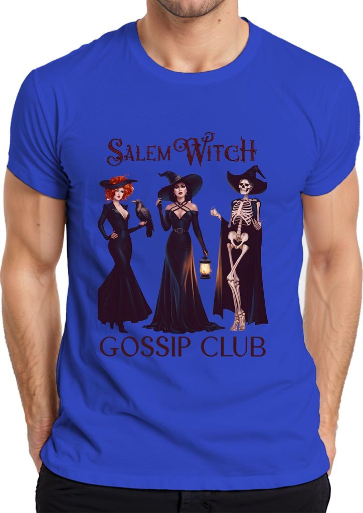 Salem Witch Gossip Club Halloween Skelett Rabe Laterne Gothic Herren T-Shirt, Blau, 3XL