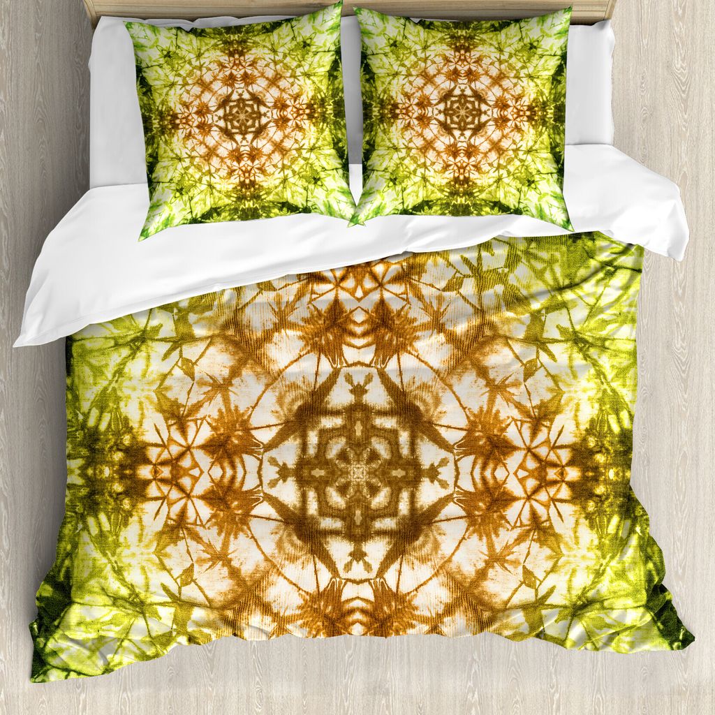 ABAKUHAUS Grün Bettbezugs Set Für Doppelbetten, Tie Dye abstrakte Muster, Milbensicher Allergiker geeignet mit Kissenbezügen, Grün braun