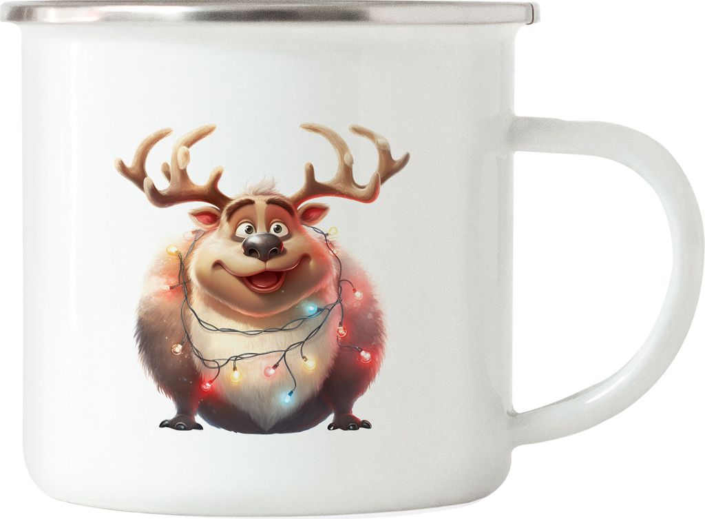 Lustiges Rentier Weihnachten Emaille Tasse Lichterkette Adventsgeschenk