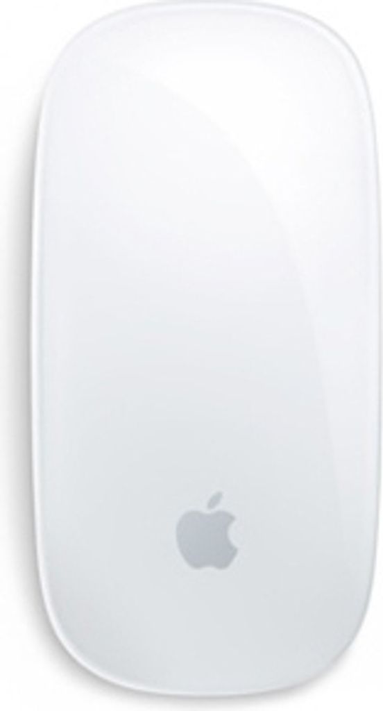 A top-down view of a white Apple Magic Mouse on a white background.
