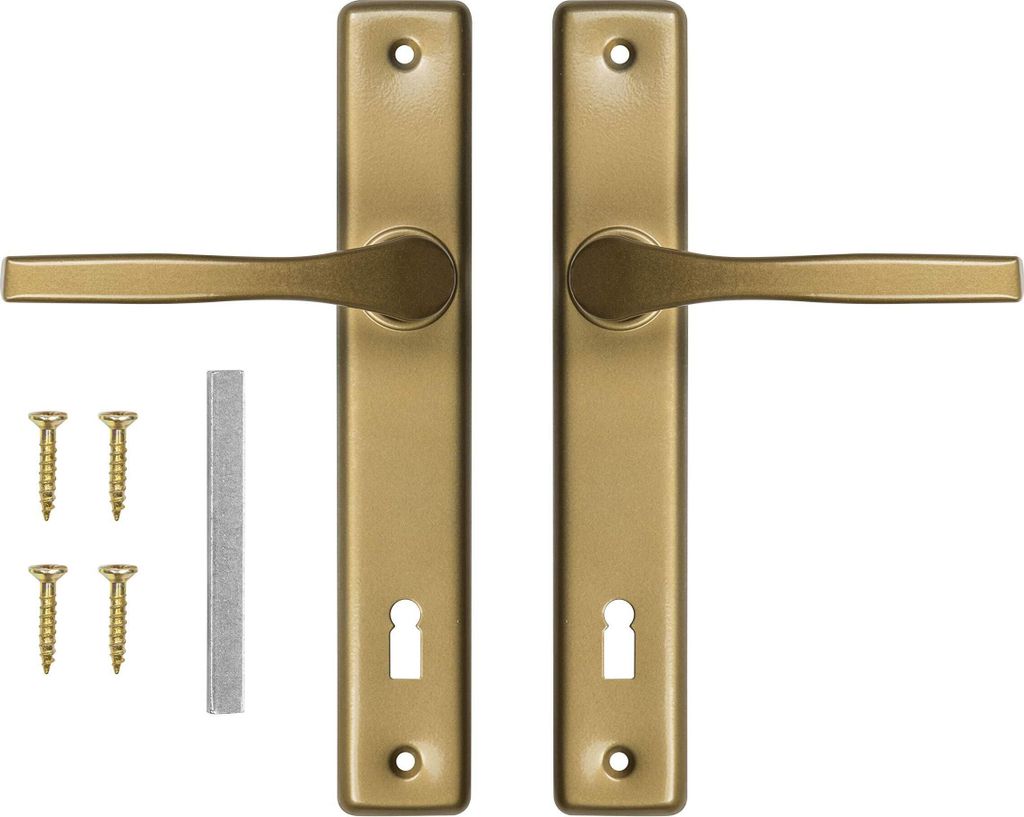 A set of two gold-colored door handles with a keyhole cutout, along with four screws and a metal strip.