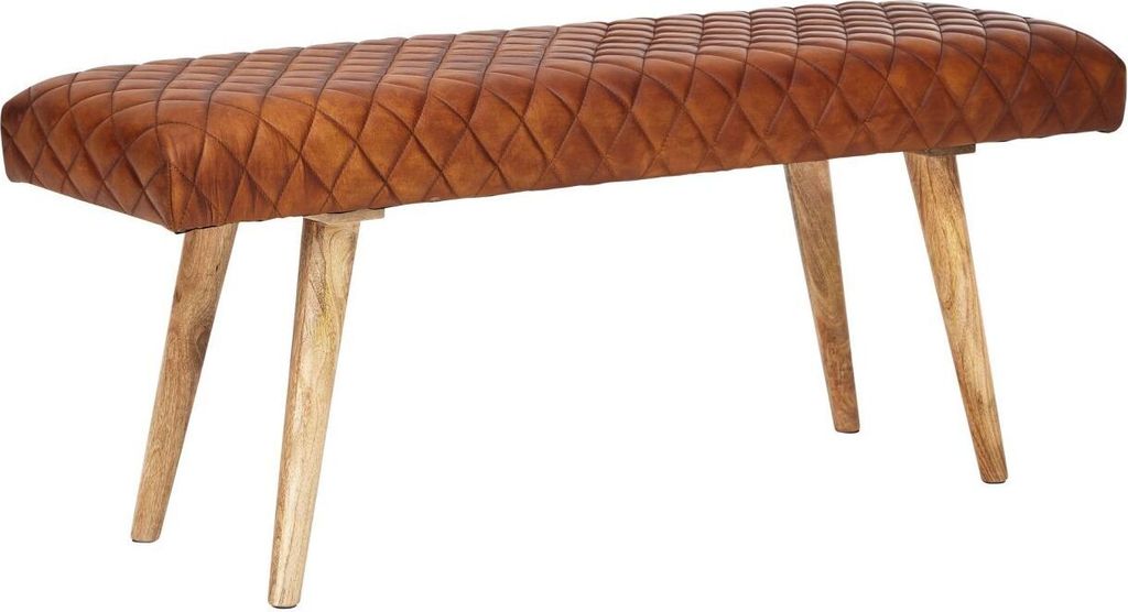 Sitzbank Echtleder / Massivholz Bank 115x53x38 cm, 2er Polsterbank Flur Esszimmer Braun, Kleine Bettbank Leder, Dielenmöbel Flurbank