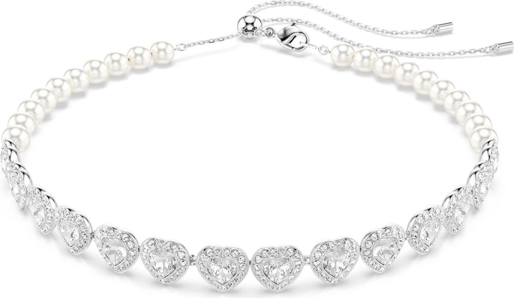 A close-up studio shot of a silver necklace with pearls and heart-shaped crystal pendants.