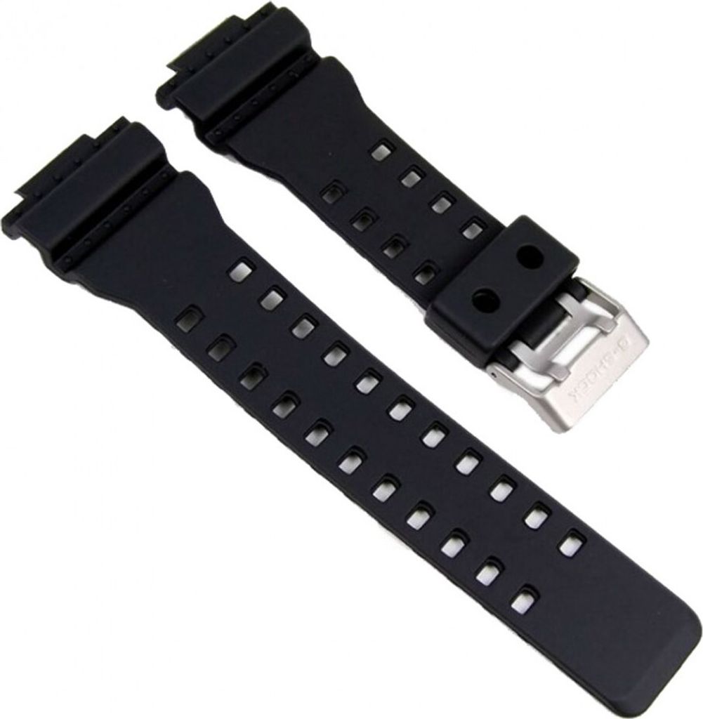 Two black watch straps with a silver buckle, laid out diagonally on a white background.