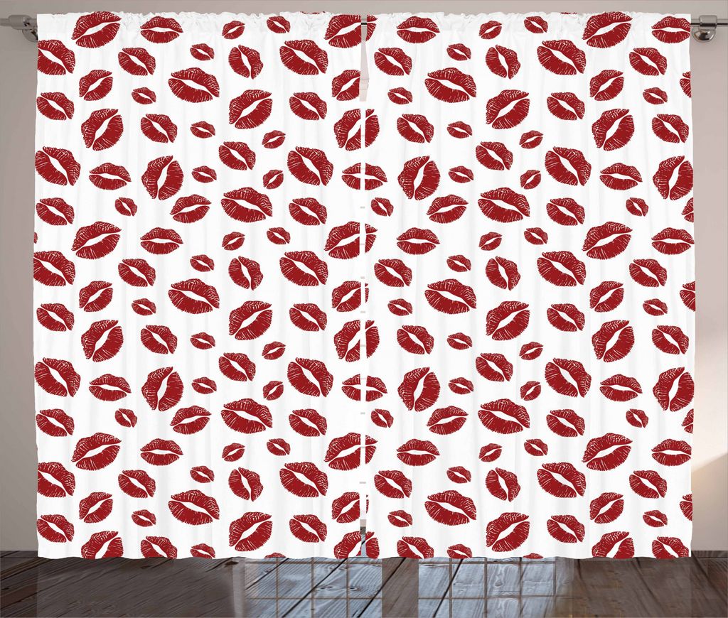 ABAKUHAUS Kuss Rustikaler Gardine, Pop-Art-Lippenstift-Fleck, Schlafzimmer Kräuselband Vorhang mit Schlaufen und Haken, 280 x 225 cm, Weiß Rubin