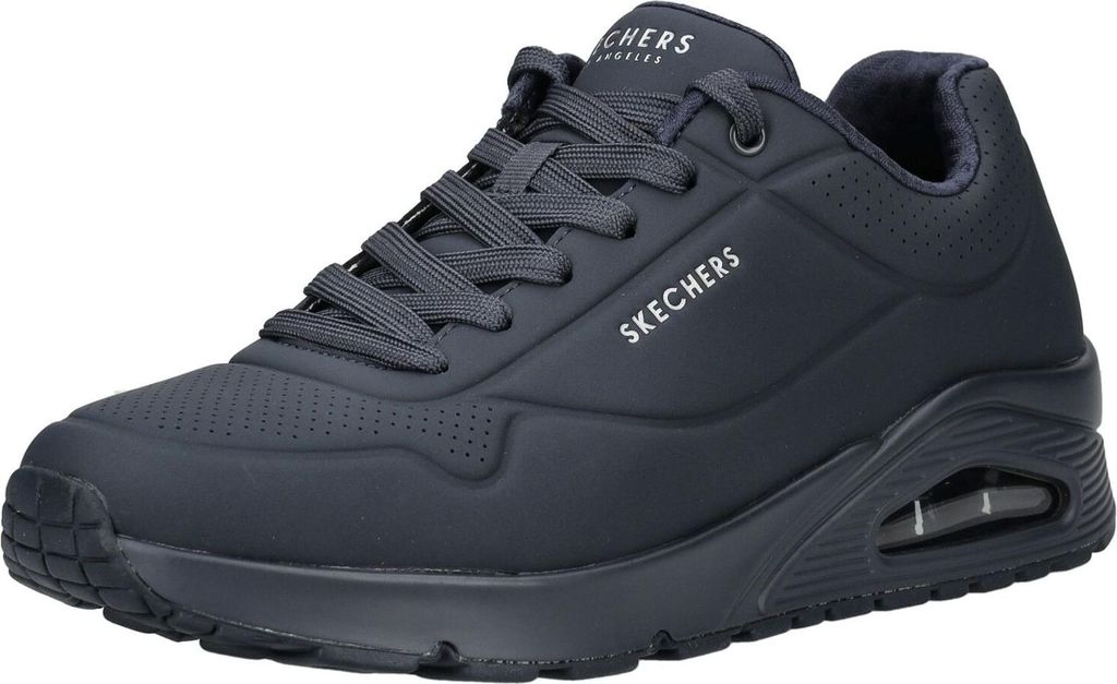 A single navy blue Skechers Uno Stand On Air sneaker is shown from a side-angle on a white background.