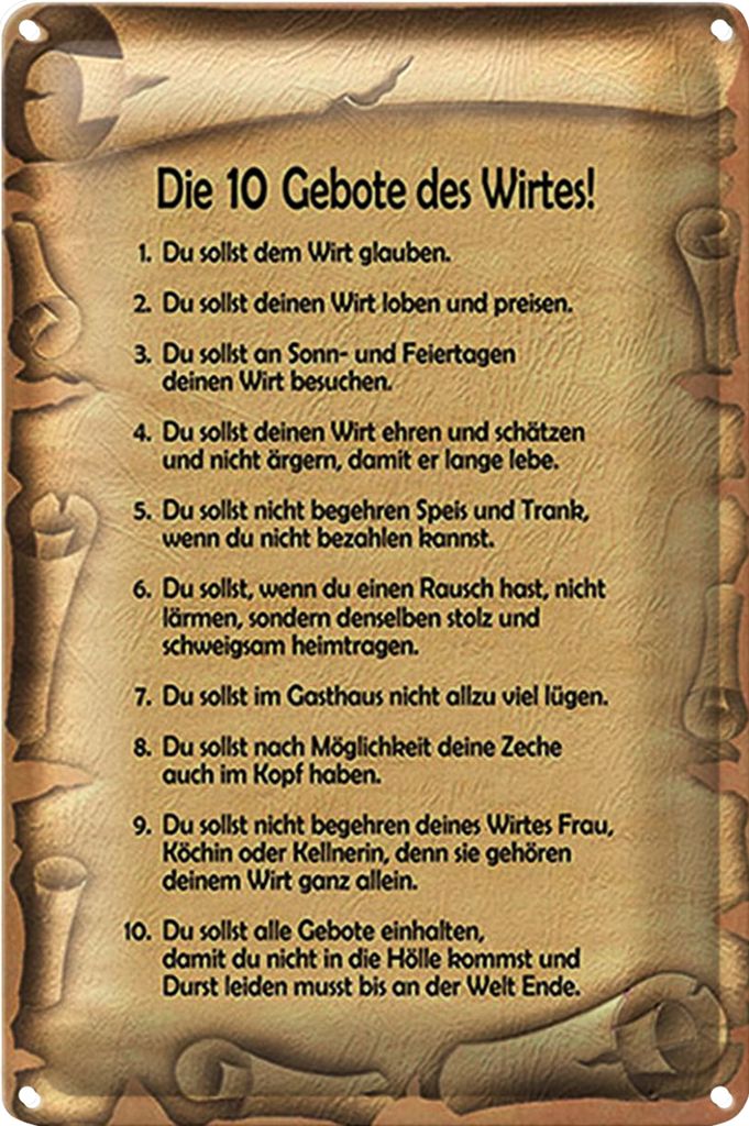 Blechschild Spruch 18x12cm die 10 Gebote des Wirtes