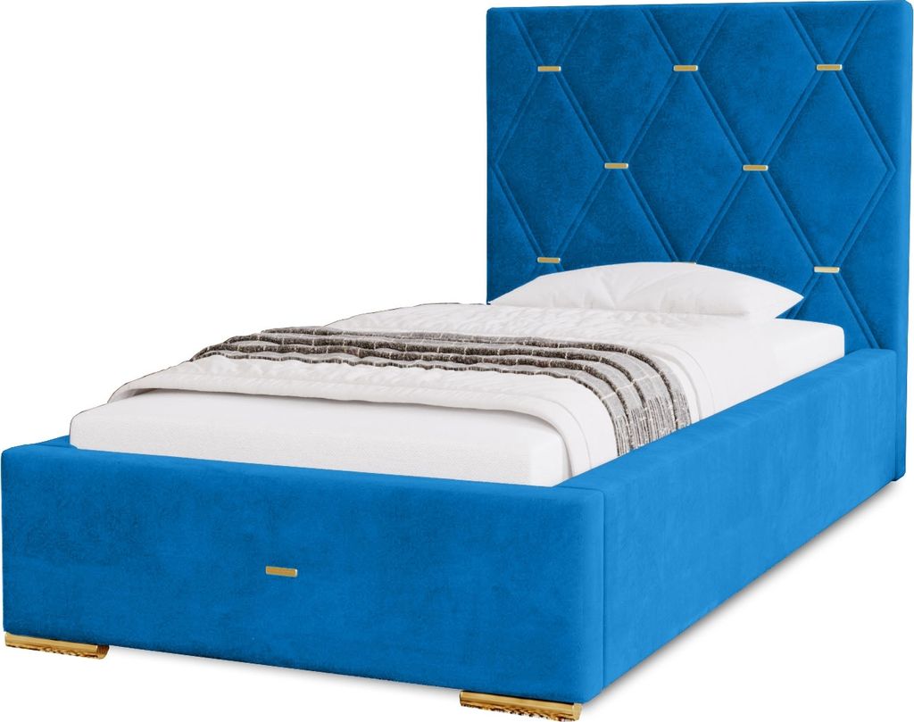 Polsterbett Golden Premium 80x200 cm, Bett mit Kopfteil, Doppelbett mit Bettkasten und Lattenrost aus Holz, Velourstoff: Blau