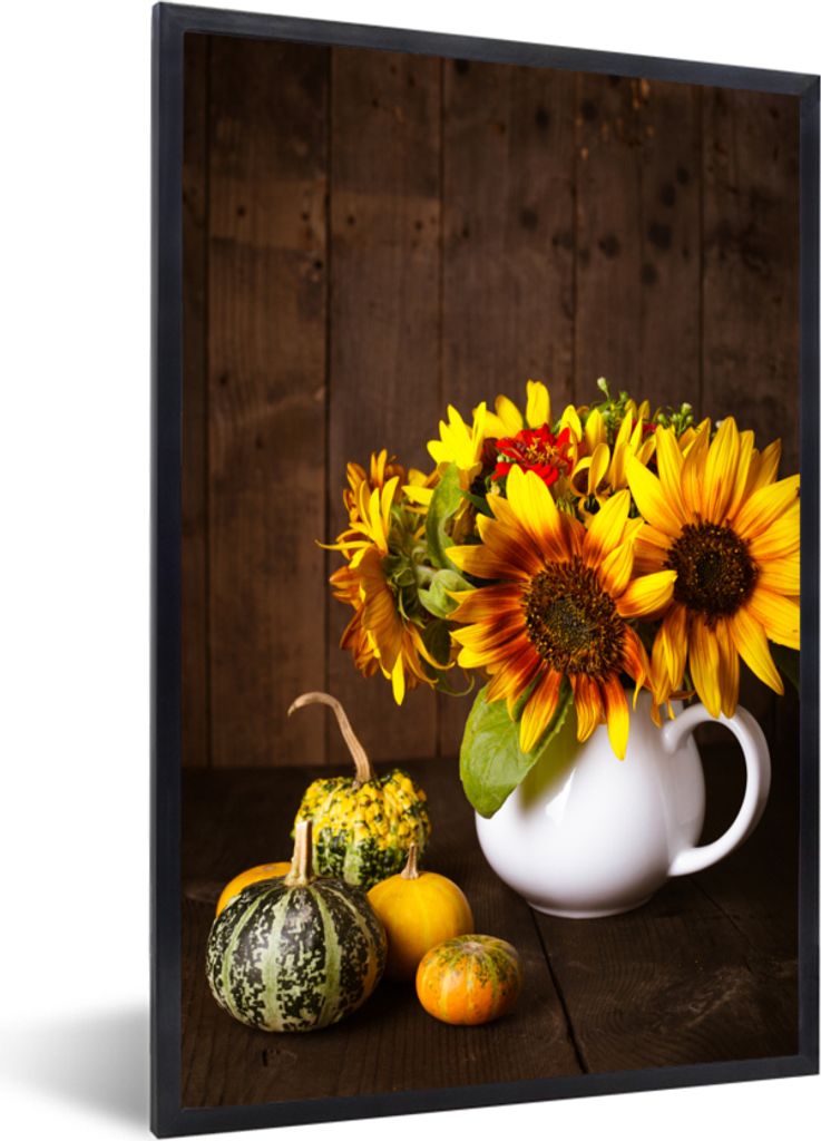 MuchoWow Gerahmtes Poster Kürbisse - Sonnenblumen - Herbst 40x60 cm - Poster mit Schwarzem Bilderrahmen Wandposter Rahmen Foto Bilder - Papierdr...