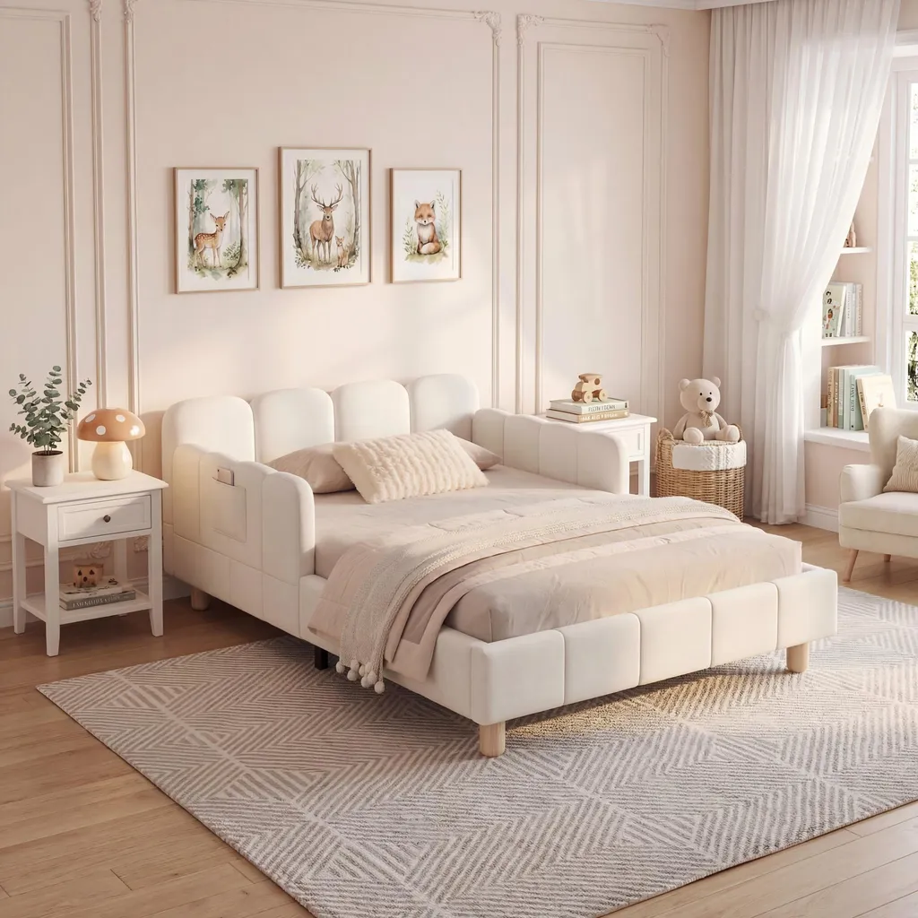 Lit simple 90x200 pour enfant en bois et velours avec barrière de sécurité