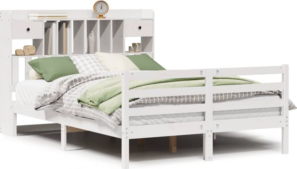 vidaXL Massivholzbett mit Regal ohne Matratze Weiß 150x200 cm Kiefer
