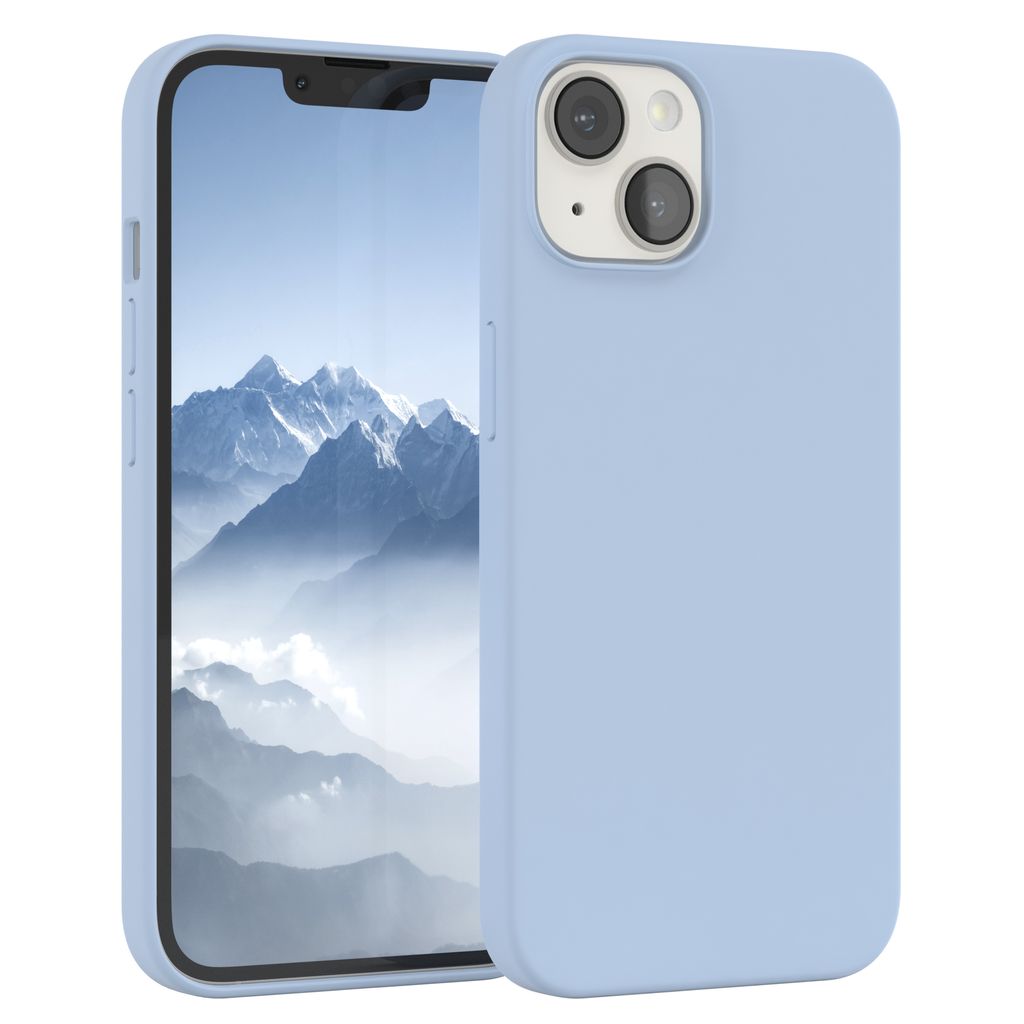 A light blue silicone phone case is shown on a white background, with a smartphone inside the case displaying a mountain landscape.
