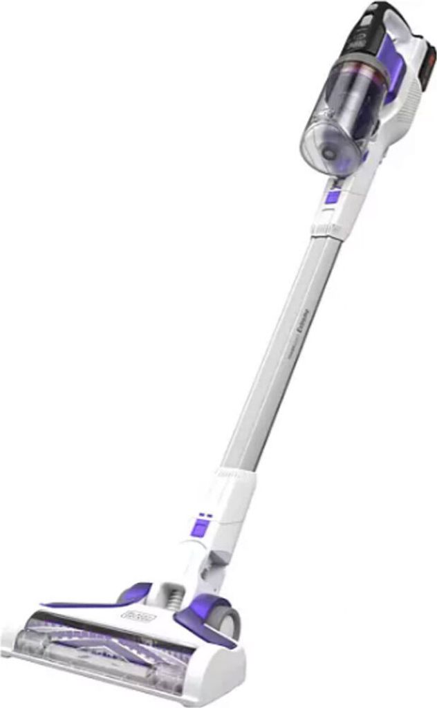 A cordless stick vacuum cleaner is shown in a studio setting against a white background.